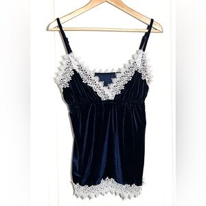 Navy Blue Velvet White Lace Trim Cami Babydoll Top Y2K Coquette Indie Grunge, OS